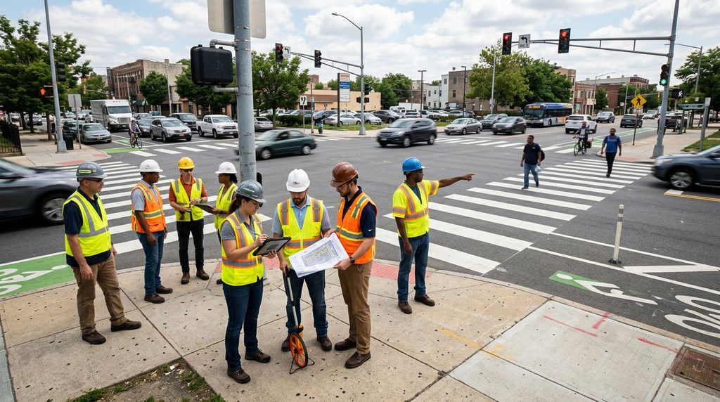 Road safety audit team evaluating an intersection and pedestrian crossing