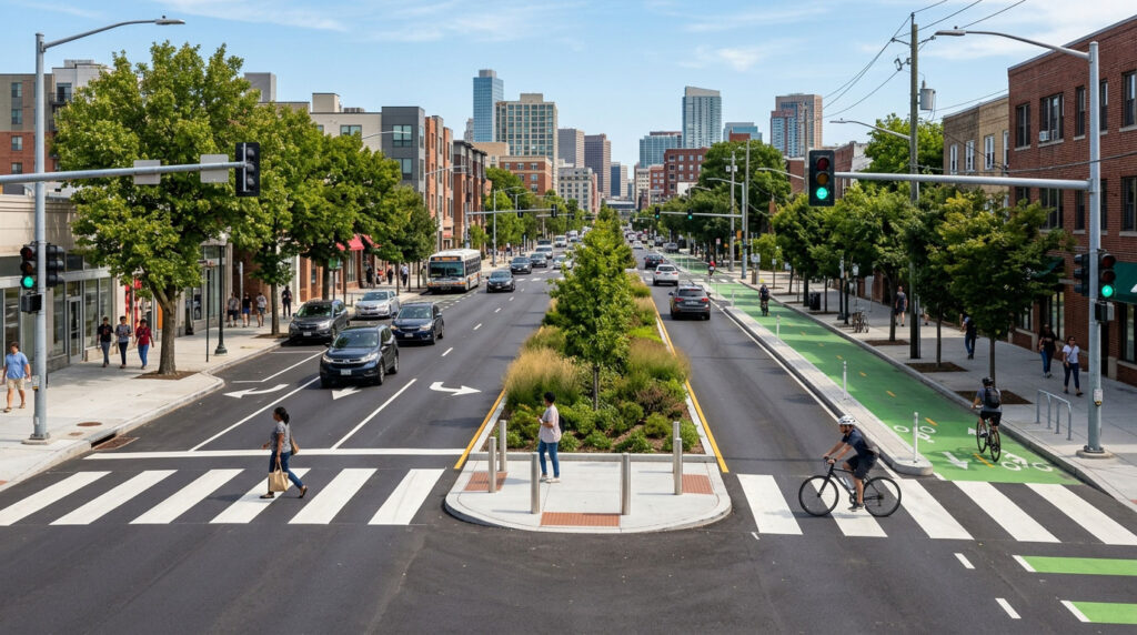 Safe urban road with crosswalks, bike lane, median, and clear lane markings
