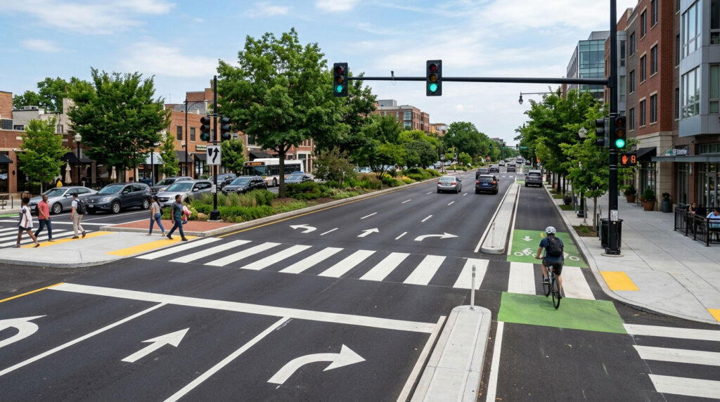 Safer arterial road with refuge island, lighting, and protected bicycle lane