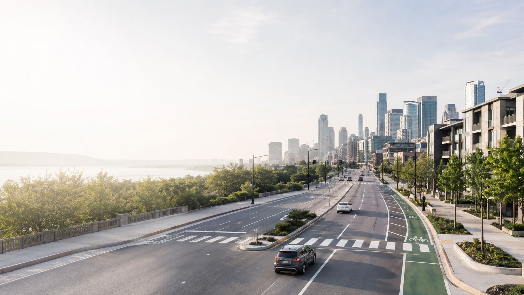 Wide boulevard running alongside a waterfront with trees and pedestrian paths, leading toward a skyline of tall modern skyscrapers under soft morning light, featuring cars on the road and a green-marked bike lane on the right.