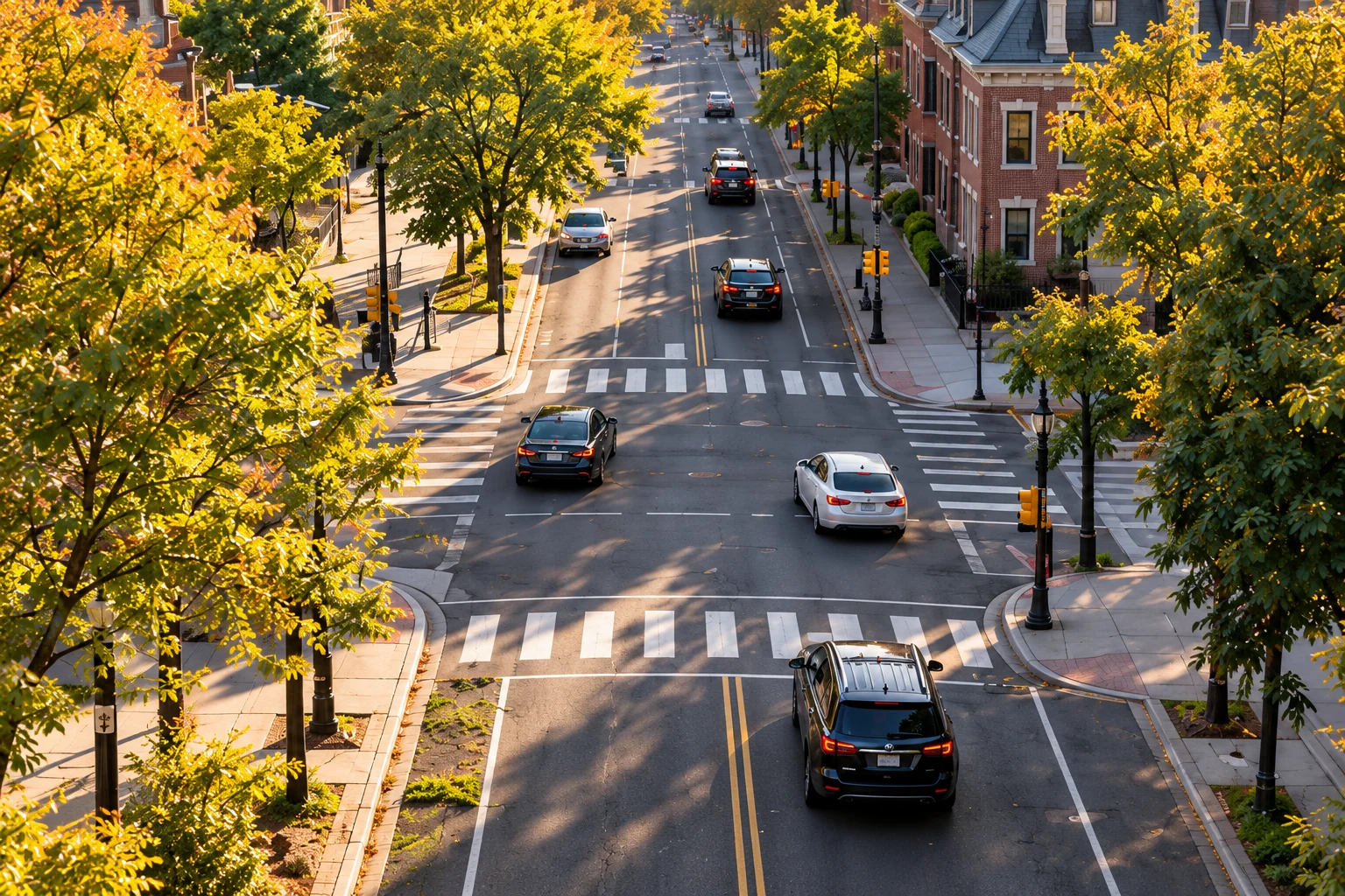 Illustrative tree-lined urban intersection in warm afternoon light