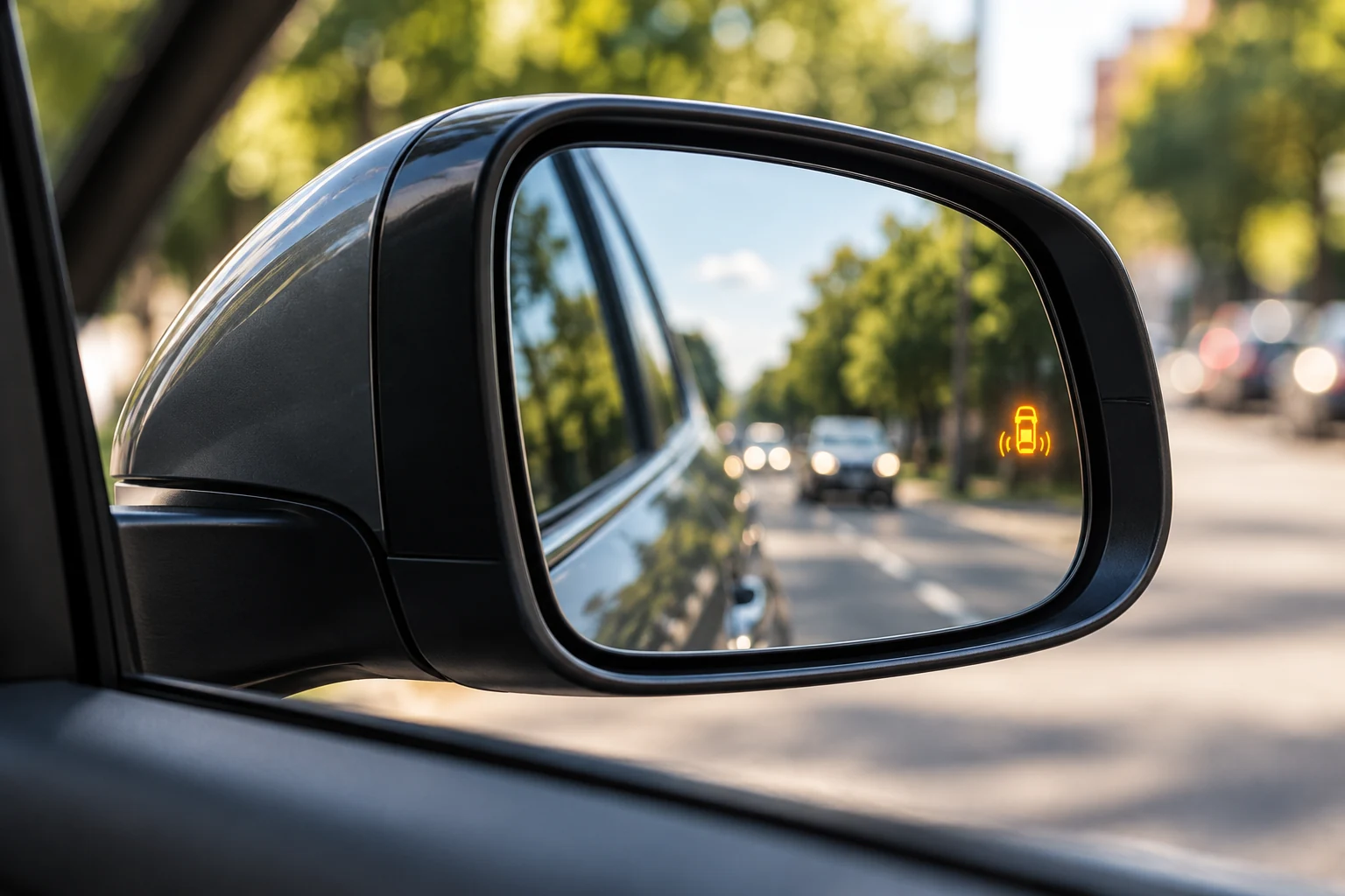 Illustrative car side mirror with an amber driver-assistance indicator
