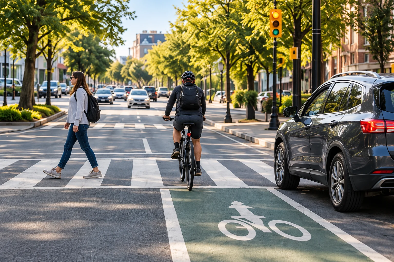Illustrative street scene with a pedestrian, cyclist, and vehicle