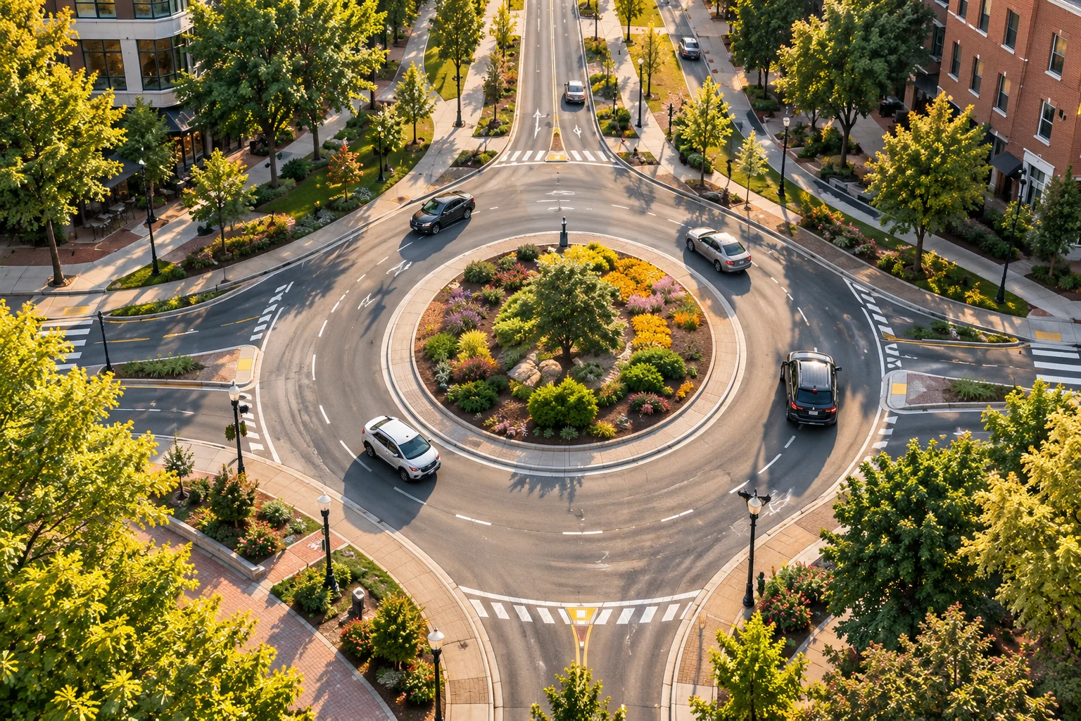 Illustrative aerial view of a landscaped urban roundabout